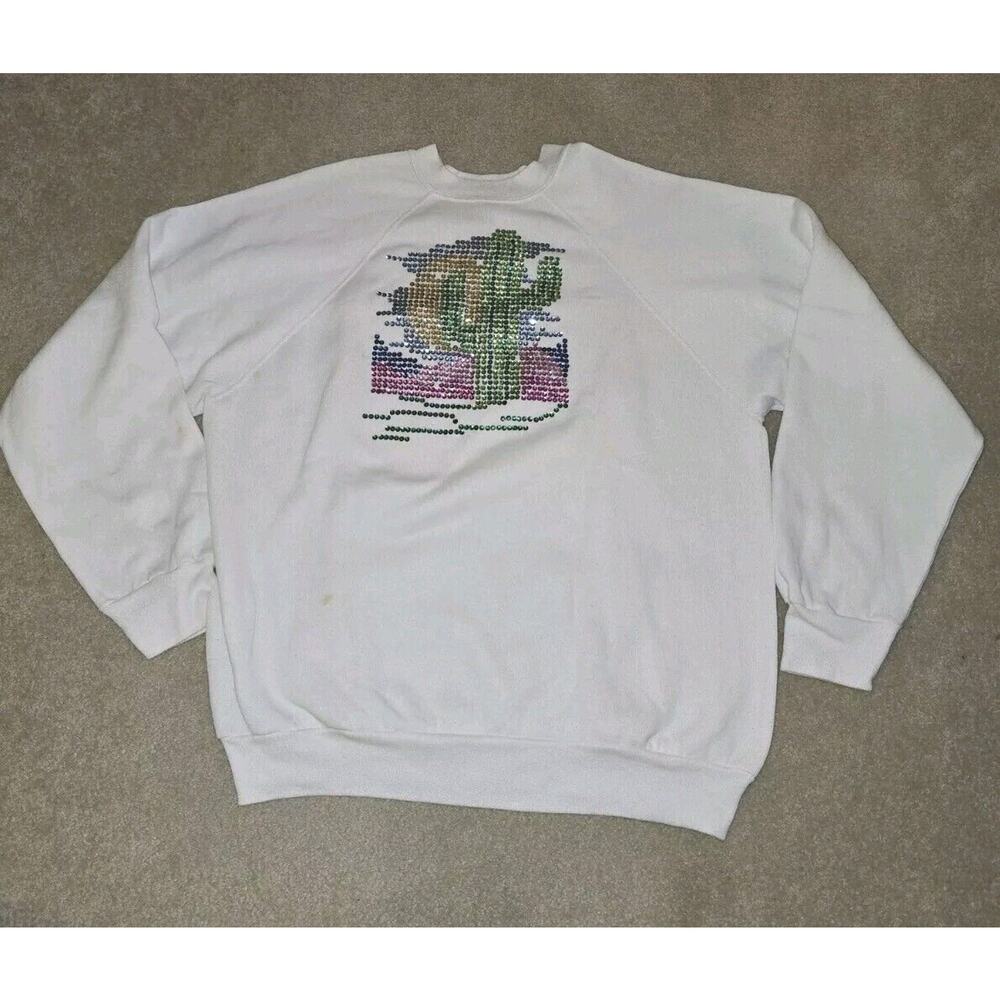 Vintage Tultex Sequined Graphic Sweatshirt Adult Size Large Crew Neck USA Cactus
